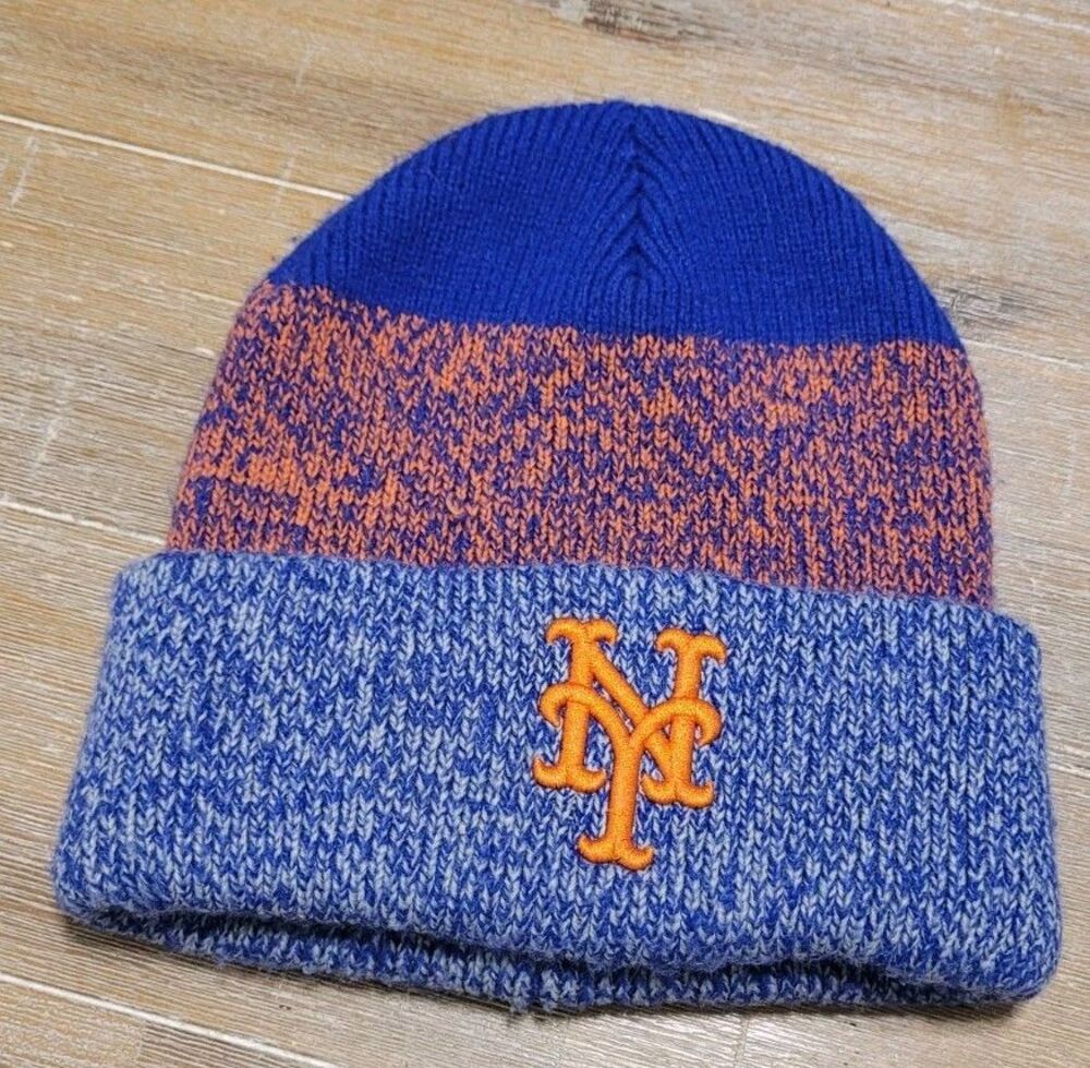 New York Mets 47 Royal Cascade Cuffed Knit Hat Pom Beanie Winter Cap Blue Orange